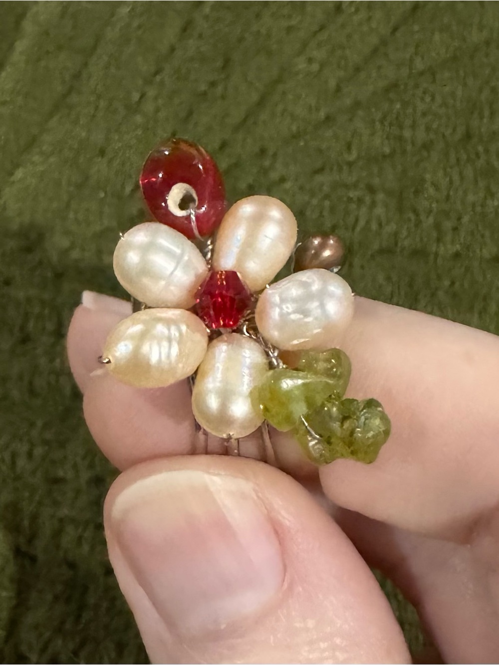 Funky Beaded Adjustable Flower Statement Ring- Pearl, Red, Green, Silver